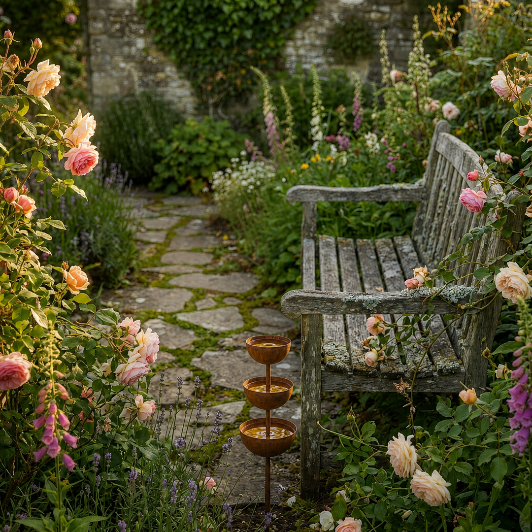 Backyard accessory featuring rustic copper finish bird bath and garden ornament