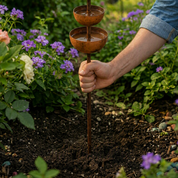 Detailed view of copper tone basin on outdoor garden stake for visiting birds