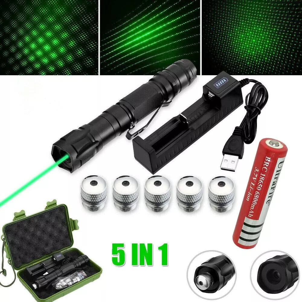Complete green laser pointer kit with multiple projection caps and USB charger