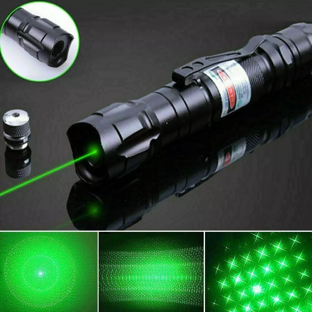 Rechargeable green laser pointer showing bright beam and protective cap
