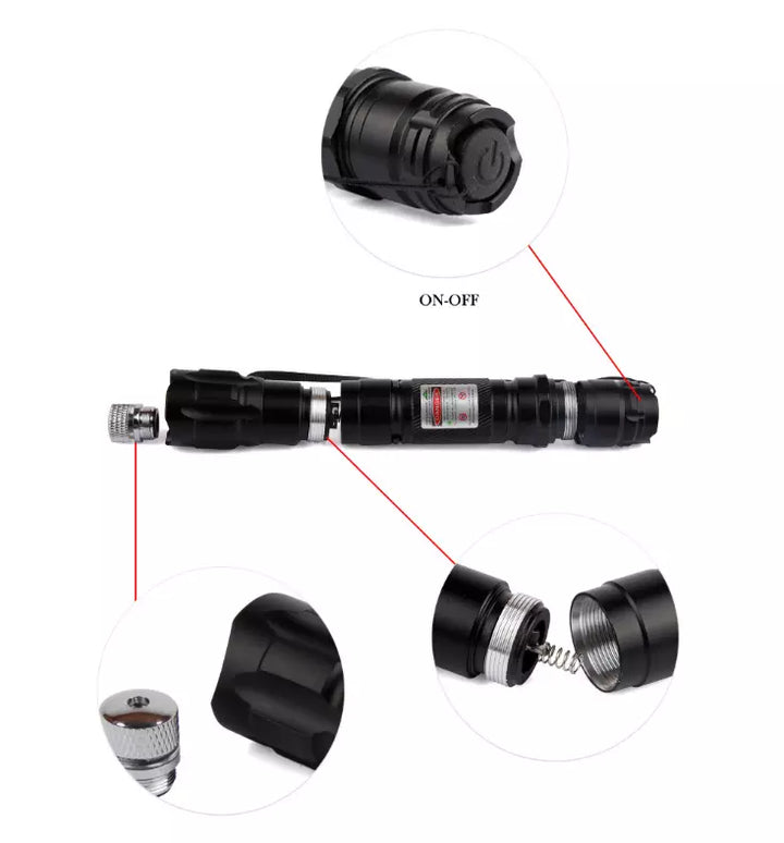 High precision green laser pointer shown with charging cable accessory