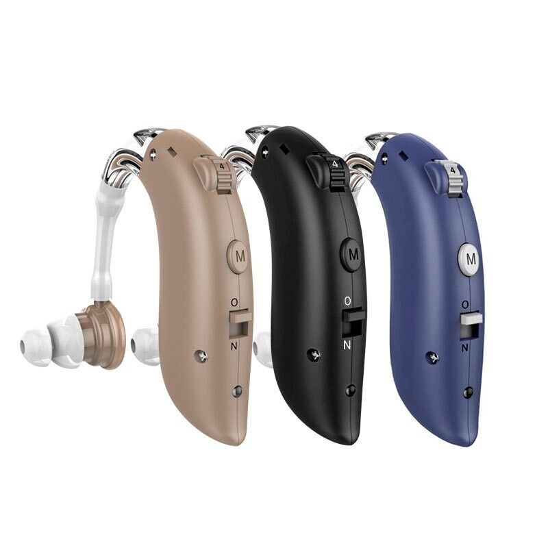 Three behind-the-ear sound amplifiers displayed in beige, black, and blue colour options