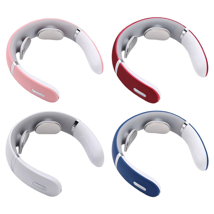 Four smart electric neck and shoulder massagers shown in pink, red, white, and blue colours
