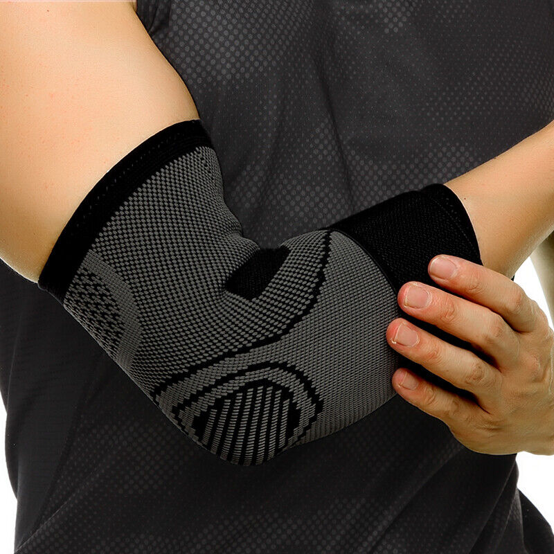 Side profile of a person wearing the supportive black elbow brace