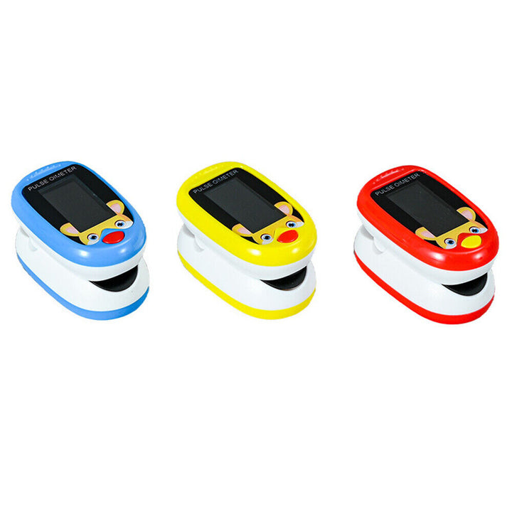 Side angle view of the pediatric fingertip pulse oximeter showing display screen