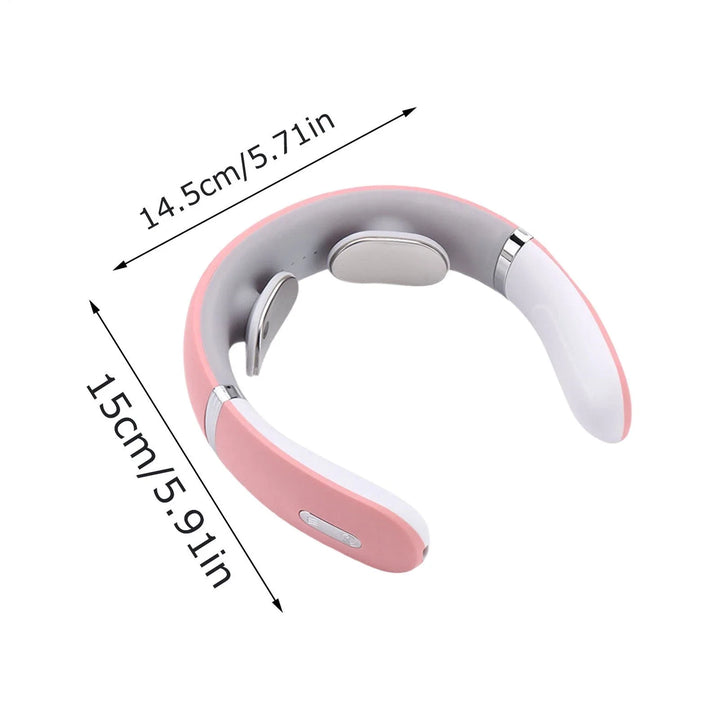 Smart electric neck and shoulder massager with dimension measurements of 145 mm by 150 mm indicated