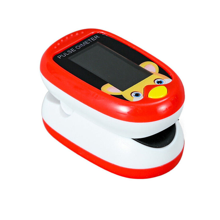Red children's finger pulse oximeter featuring compact digital display