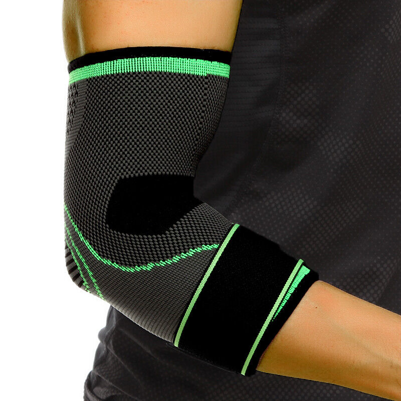 Adjustable compression elbow sleeve showing the secure strap system for custom fit and joint stability