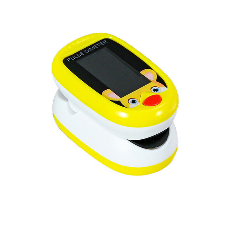 Yellow children's finger pulse oximeter with playful animal design