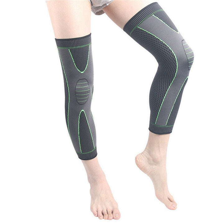 Unisex knee support compression sleeve stretched to show elasticity and flexibility