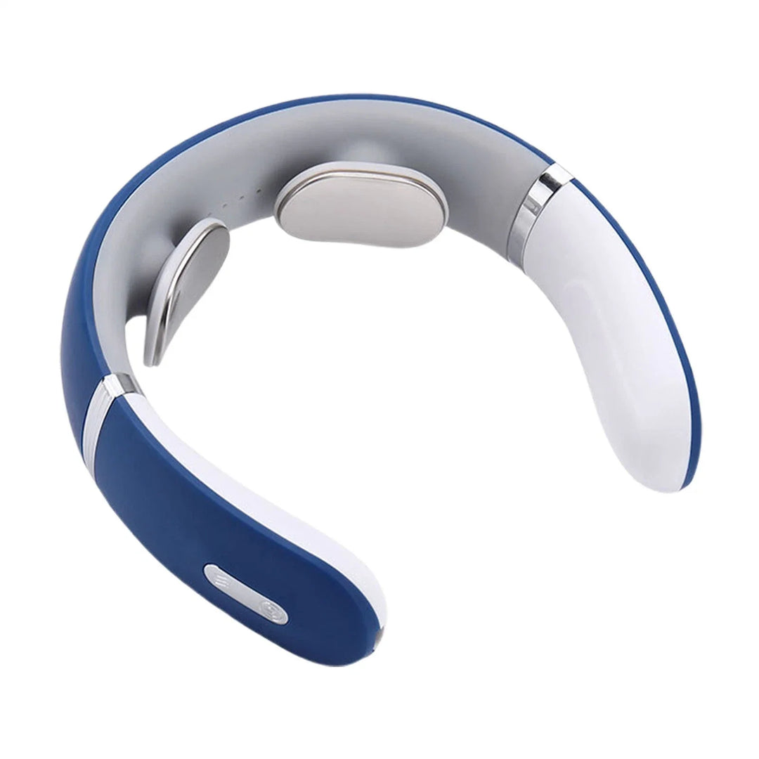 Rechargeable shoulder massager device displayed with charging cable