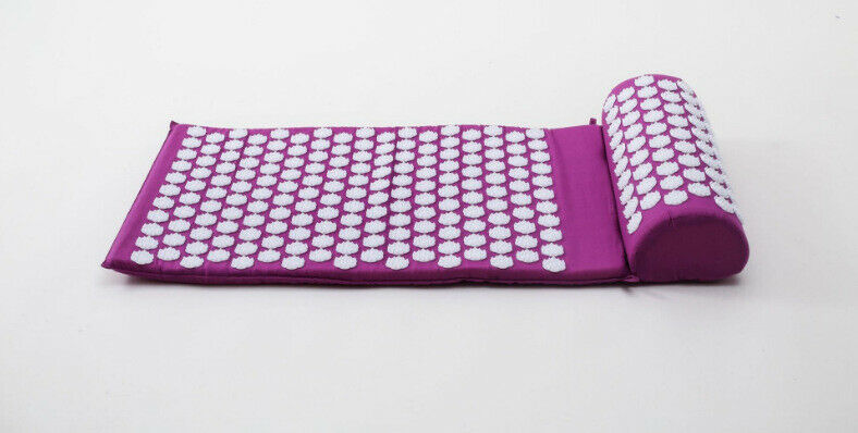 Unisex purple acupressure yoga mat and pillow set for back pain relief and relaxation