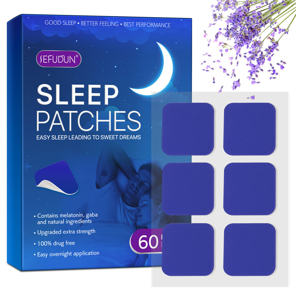 Box of 60 sleep patches next to fresh lavender flowers