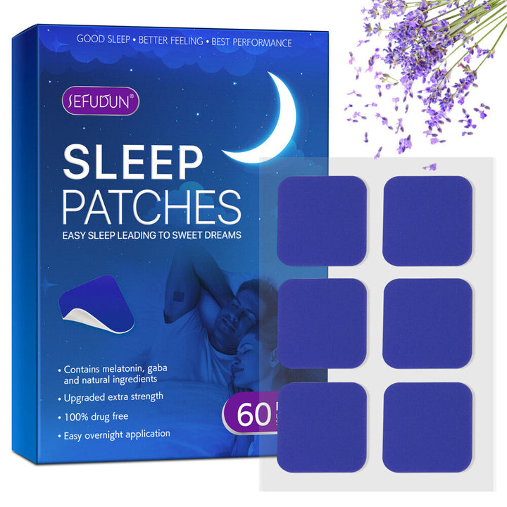 Box of 60 sleep patches next to fresh lavender flowers