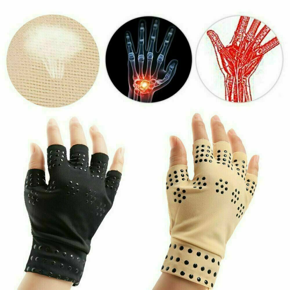 Black and beige arthritis gloves side by side with medical diagram overlays