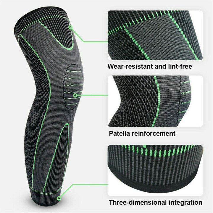 Product diagram highlighting patella reinforcement and wear-resistant features of the sleeve.