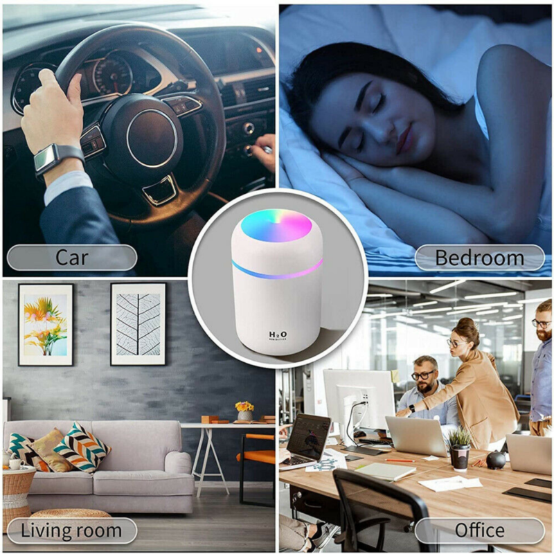 Small wellness humidifier connected via USB cable for travel