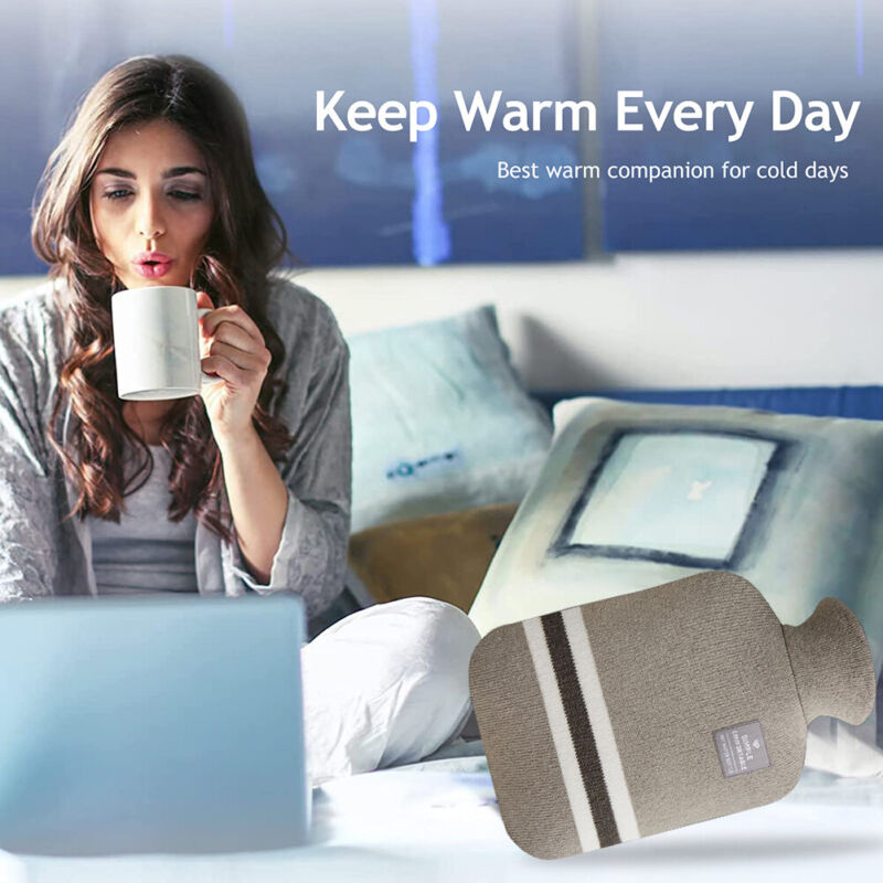 Woman relaxing on a couch with a cozy warm water bag resting nearby.