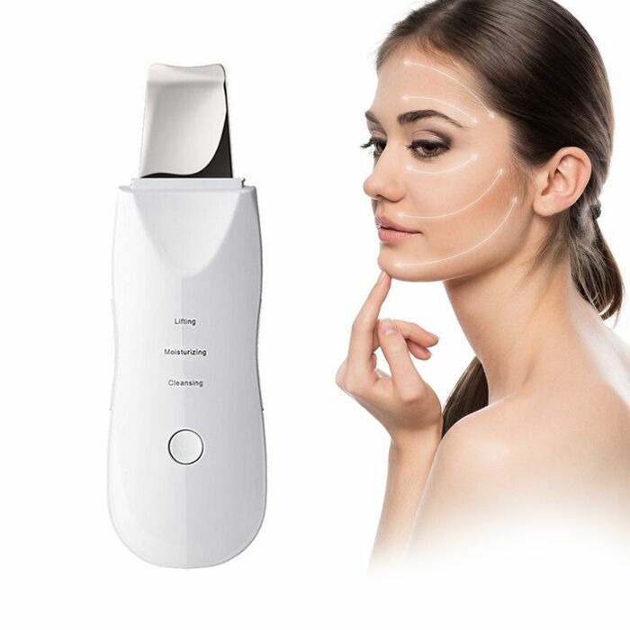 Ultrasonic facial skin scrubber device next to a woman showing facial lifting directions