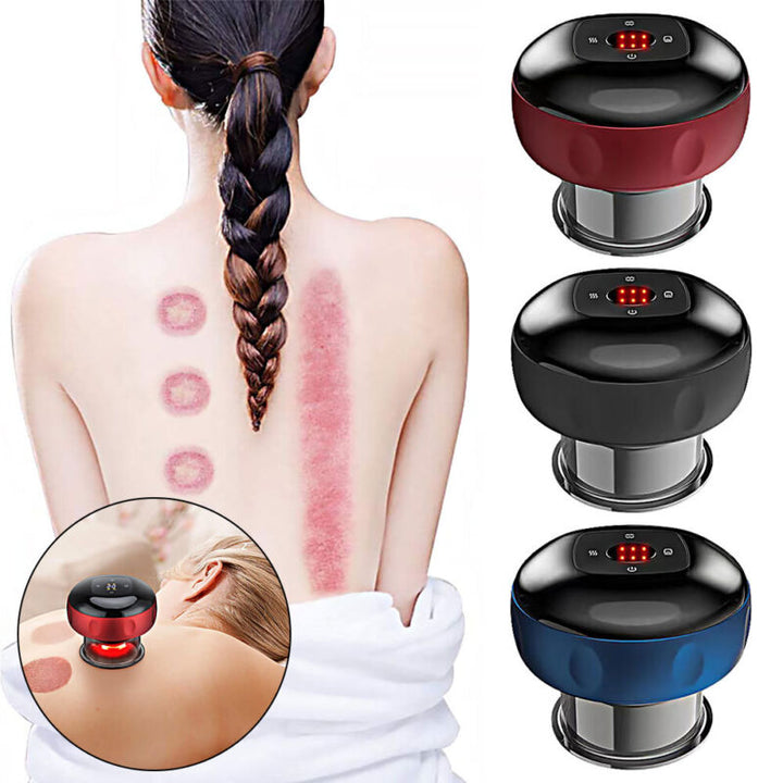 Smart cup massagers displayed in black, blue, and red colors with user results