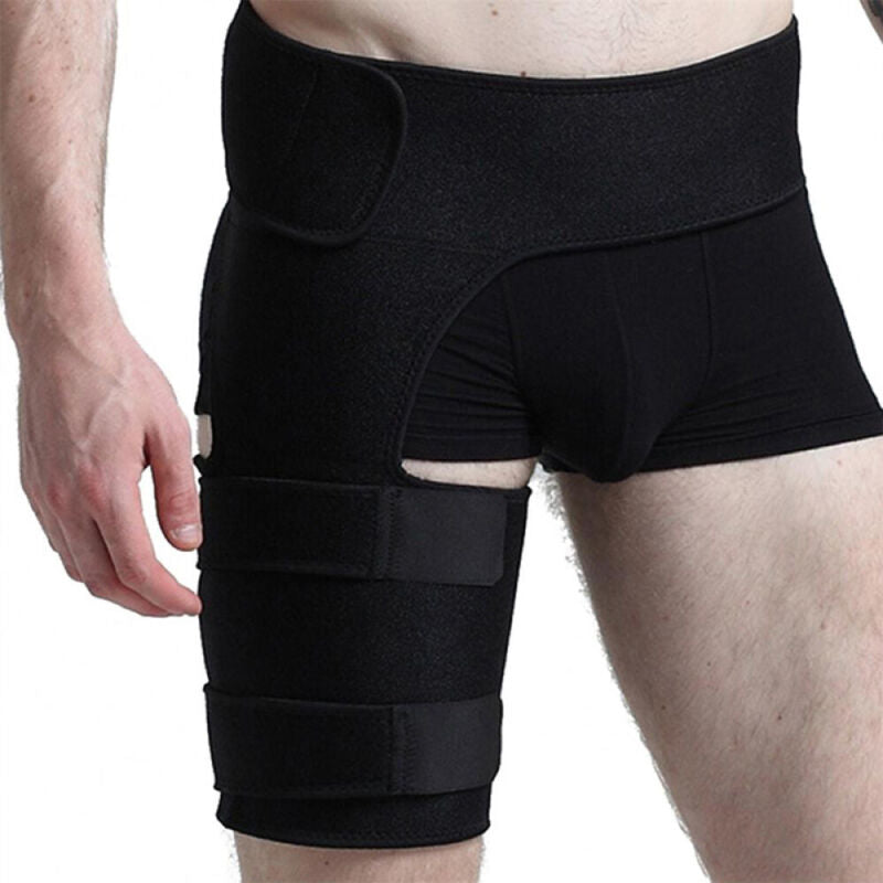 Unisex orthopedic hip and groin support brace showing front compression wrap