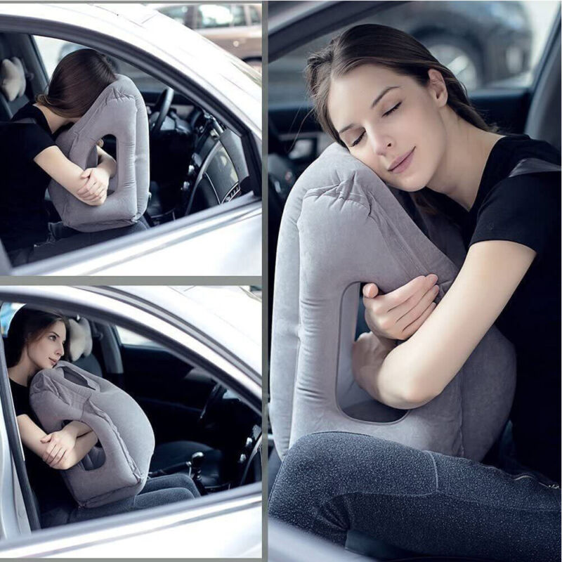 Portable inflatable travel pillow folded compactly in travel bag