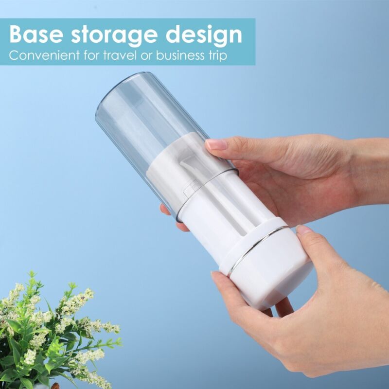Demonstrating the compact base storage design of the portable water flosser for travel