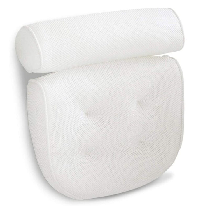 Studio product view of the white ergonomic neck and back bath pillow