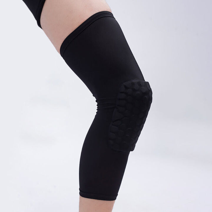 Close-up of black honeycomb knee sleeve worn on a leg