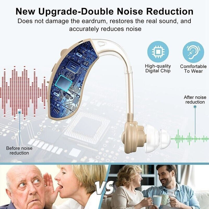 Side profile of rechargeable personal sound amplifier featuring noise reduction tech