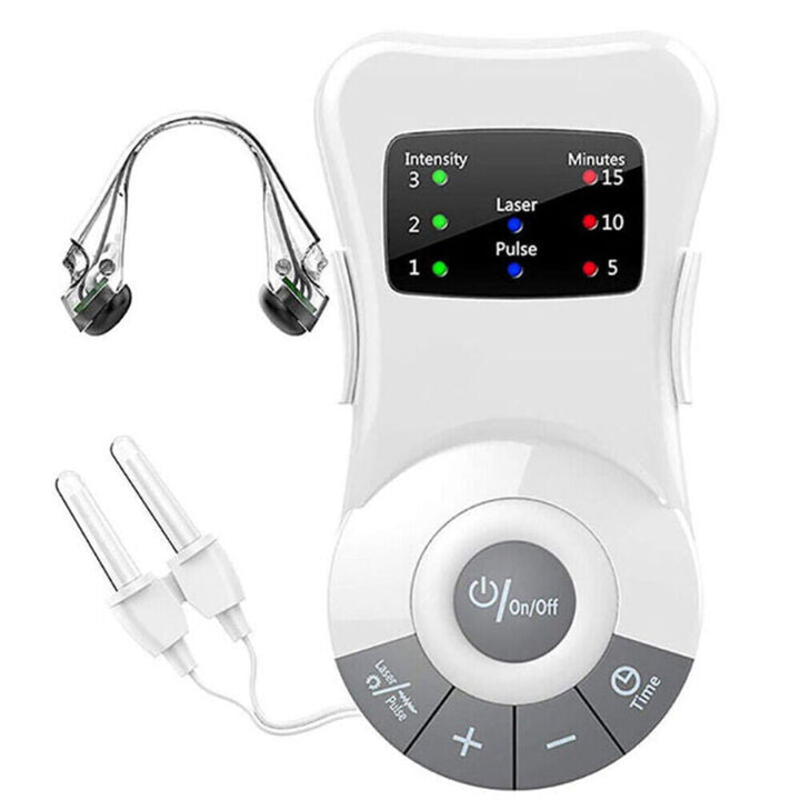 Portable allergy relief machine with digital display and nasal applicator for congestion.