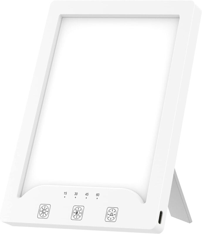 Close-up view of the slim daylight lamp panel showing bright wellness lighting LEDs