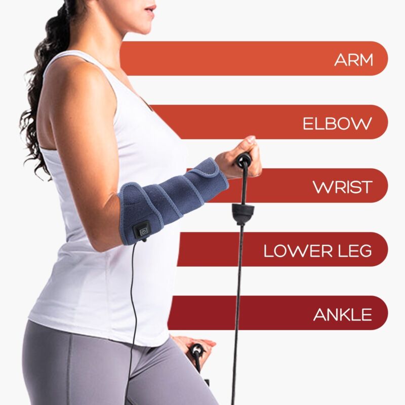 Demonstration of the versatile electric heating wrap applied to various body areas including arm and elbow
