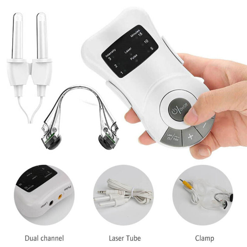 Side profile of the nasal congestion wellness device highlighting ergonomic control unit.