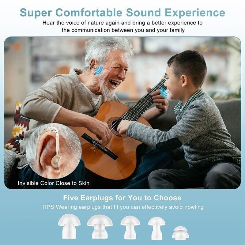 Unisex rechargeable behind-the-ear personal sound amplifier showing control buttons