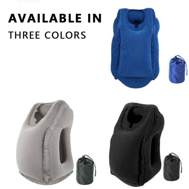 Traveler using ergonomic inflatable neck pillow on a flight