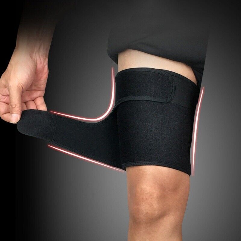 Fitness accessory worn on upper leg, demonstrating snug fit and mobility during sports activities.