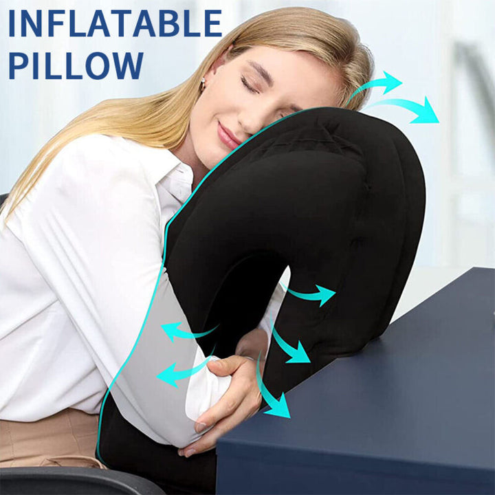 Woman demonstrating how to use the black inflatable travel pillow for resting