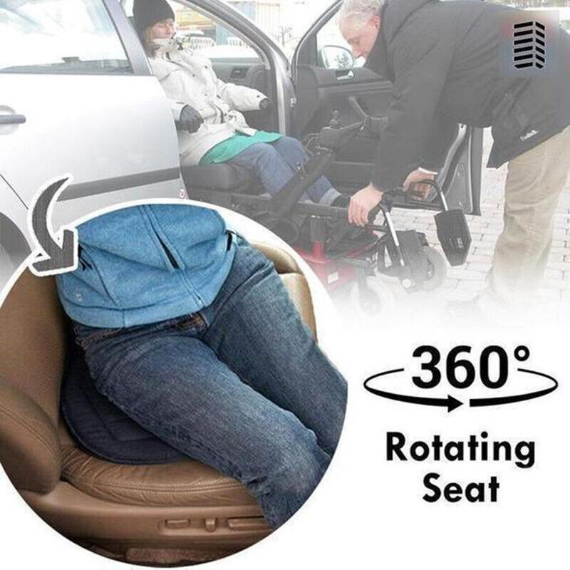 Person demonstrating the 360 degree rotating car seat cushion during vehicle exit