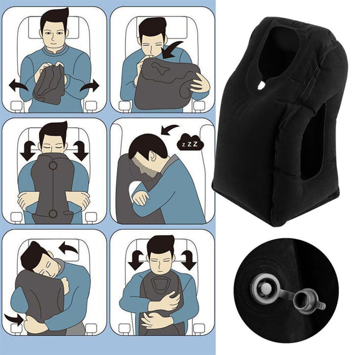 Inflatable air cushion travel pillow fully inflated for airplane sleep