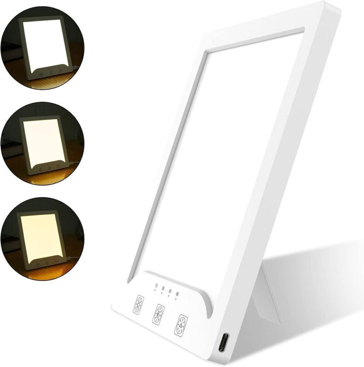 Portable UV-free light therapy lamp on a modern office desk for daily mood support