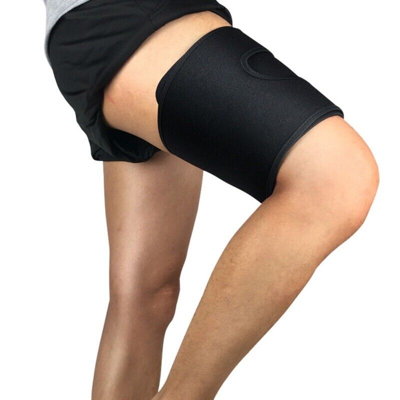 Adjustable thigh compression wrap laid flat, showing breathable neoprene material and secure velcro straps.