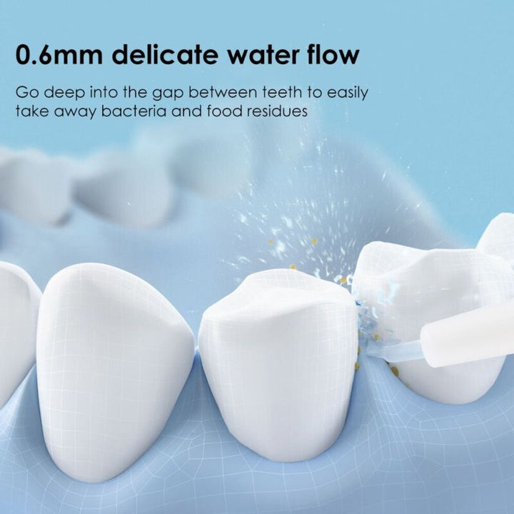 Illustration of the fine water jet cleaning plaque and bacteria between teeth