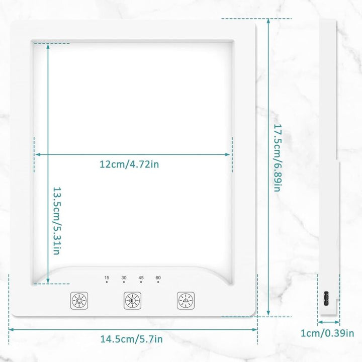 Dimensional diagram showing height, width, and thickness of the therapy lamp
