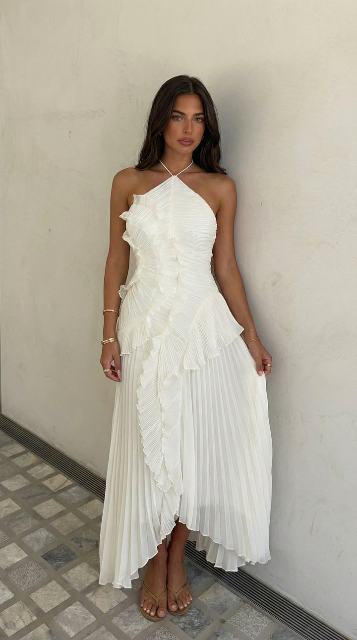 Beautiful summer dress with cascading ruffles and halter top