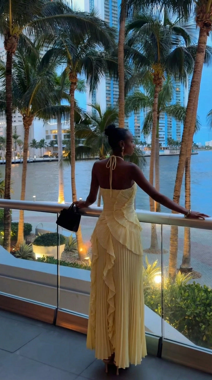 Women's graceful halter neck ruffle maxi dress front view