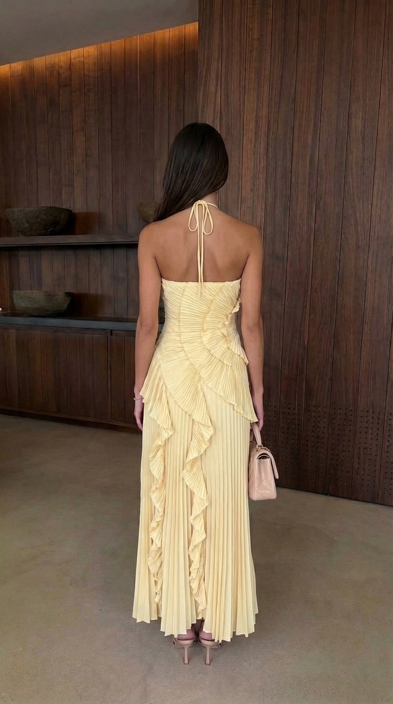Elegant summer party maxi dress with halter neckline