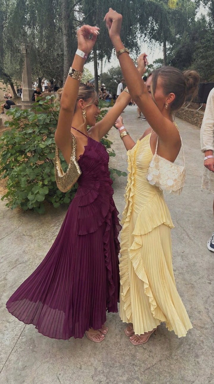Formal wear ruffle maxi dress for women back view