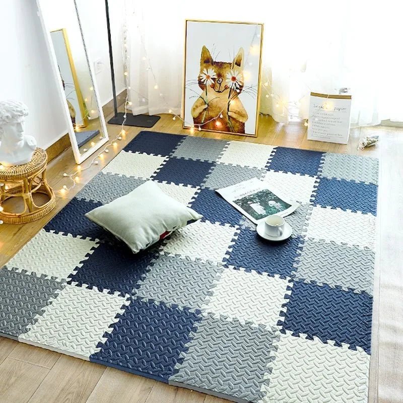 Interlocking foam baby play mat assembled in a room with neutral decor