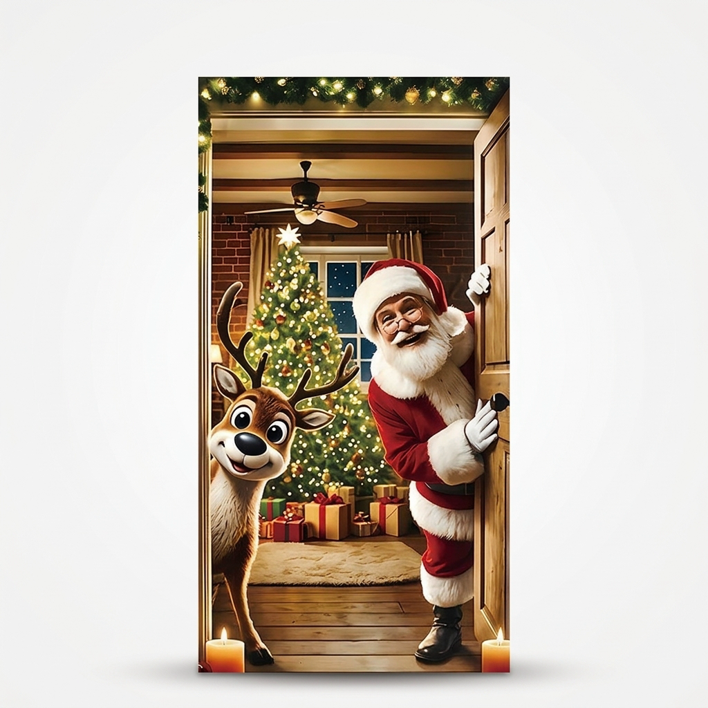 Santa and reindeer Christmas door cover hanging on a wooden door with holiday tree background